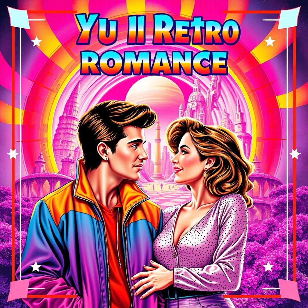 A vibrant 80s retro romance book cover featuring a charismatic couple in the foreground, with the man in a colorful windbreaker and the woman in a stylish, sparkly outfit, both looking gazingly into each other's eyes, radiating love and nostalgia