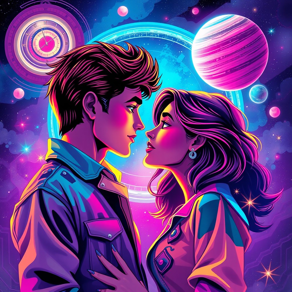 A vibrant 80s retro romance book cover featuring a passionate love story with a time travel theme