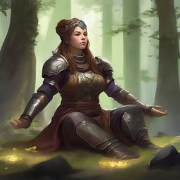 energy floats around a female dwarven kineticist that meditates amid nature while wearing her heavy armor