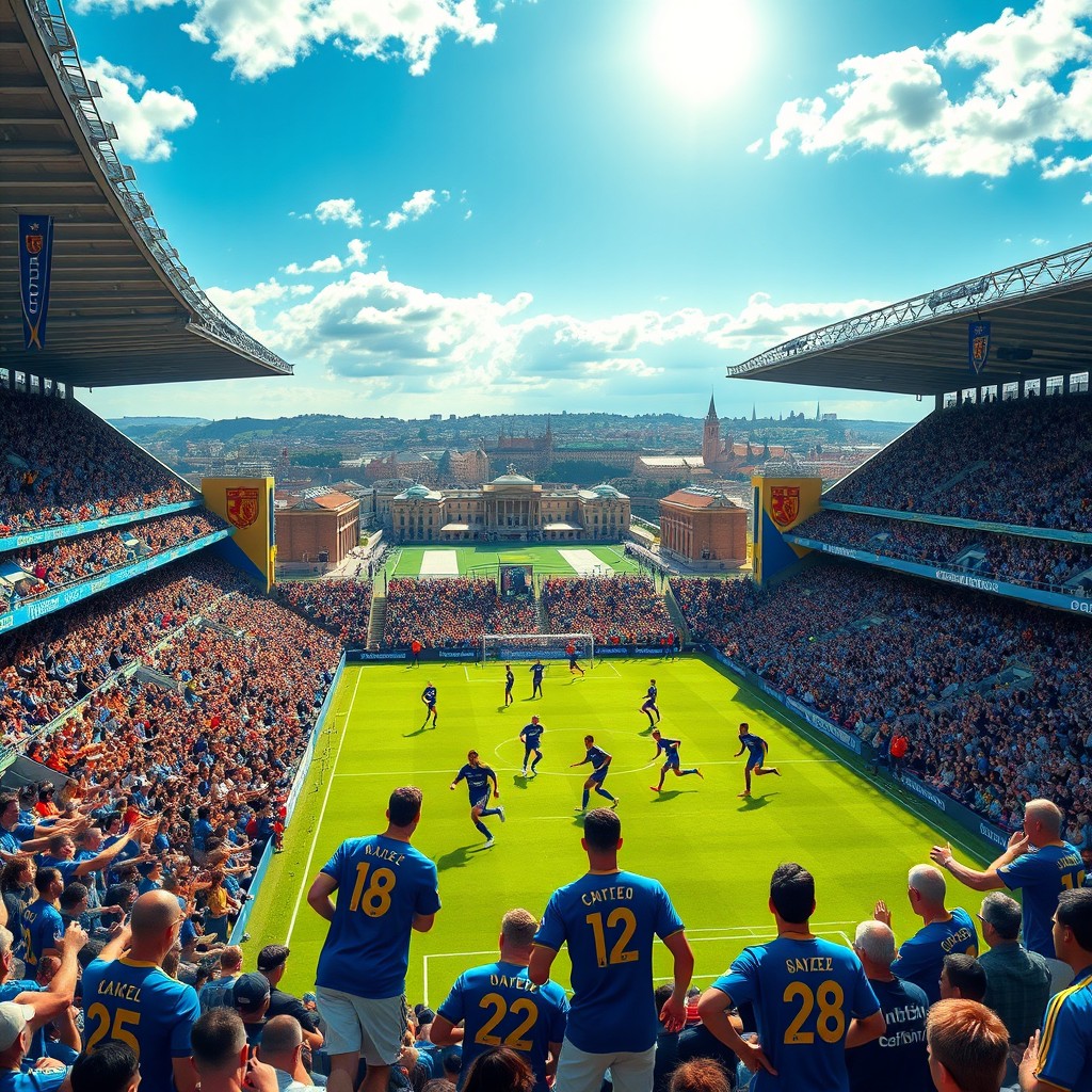 A grand and majestic scene of a Royal Football Club stadium, filled with vibrant, cheering fans wearing royal blue and gold jerseys