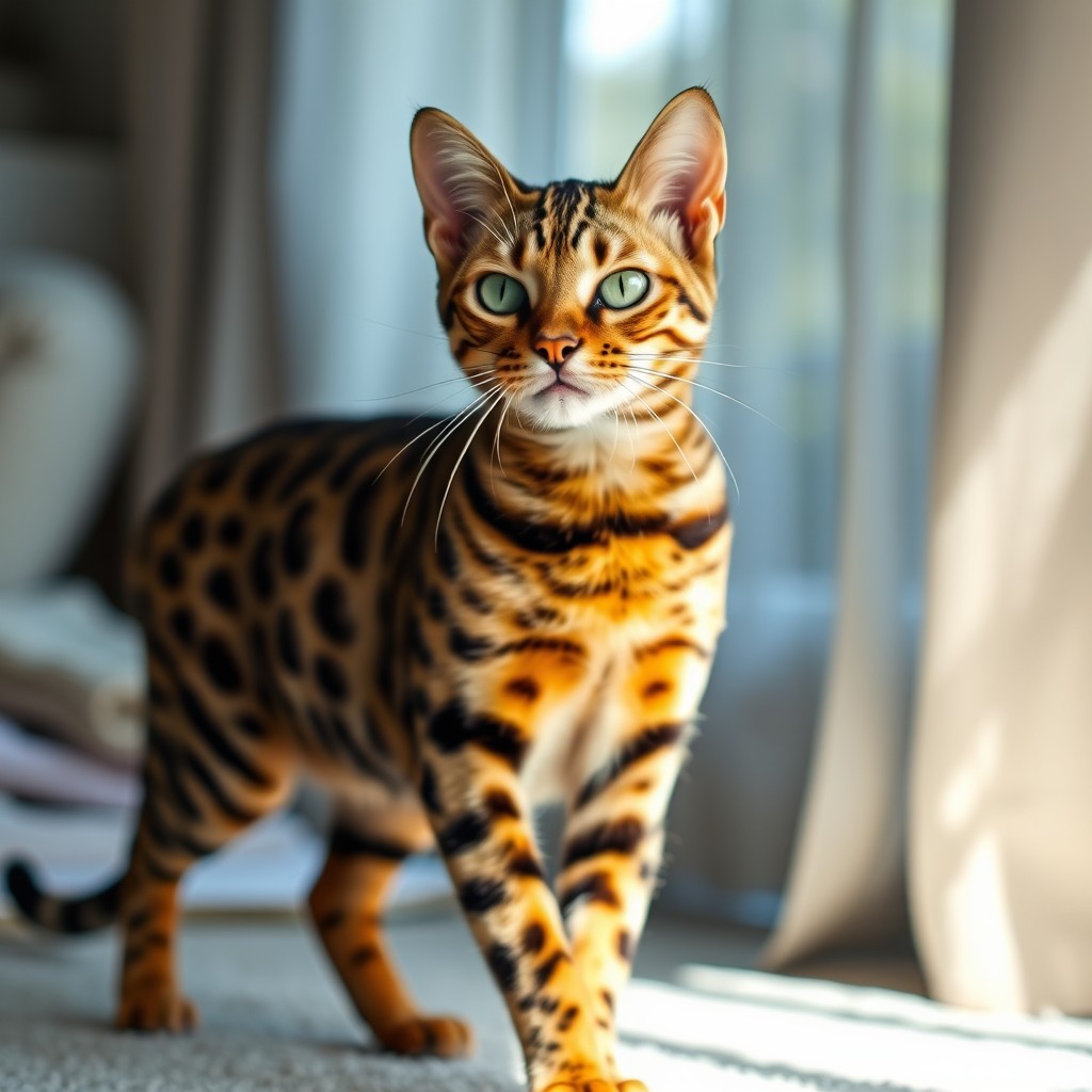 A beautiful Bengal cat, showcasing its signature spotted coat with rich, warm tones, standing proudly in a sunlit room