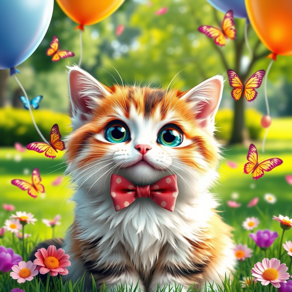 A vibrant and whimsical scene capturing a cute and chubby cat with big expressive eyes, wearing a playful bowtie and a cheerful smile