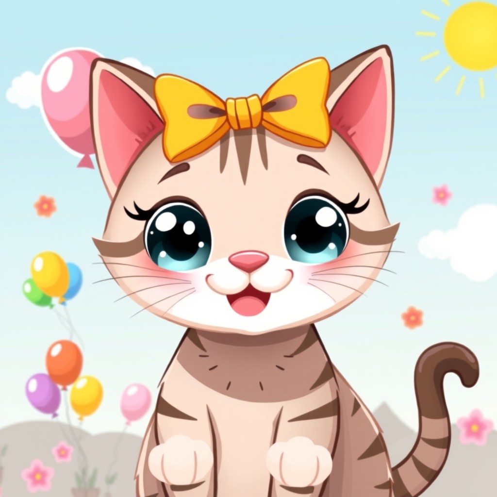 A whimsical and cute illustration of a cat with a bright, cheerful expression