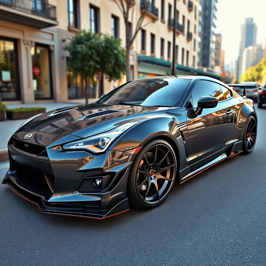 A sleek, modified sports car featuring a stunning HRE FF10 wheel design, showcasing a high-performance sports body kit with aggressive lines and aerodynamic enhancements
