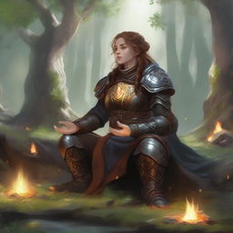 energy floats around a female dwarven kineticist that meditates amid nature while wearing her heavy armor