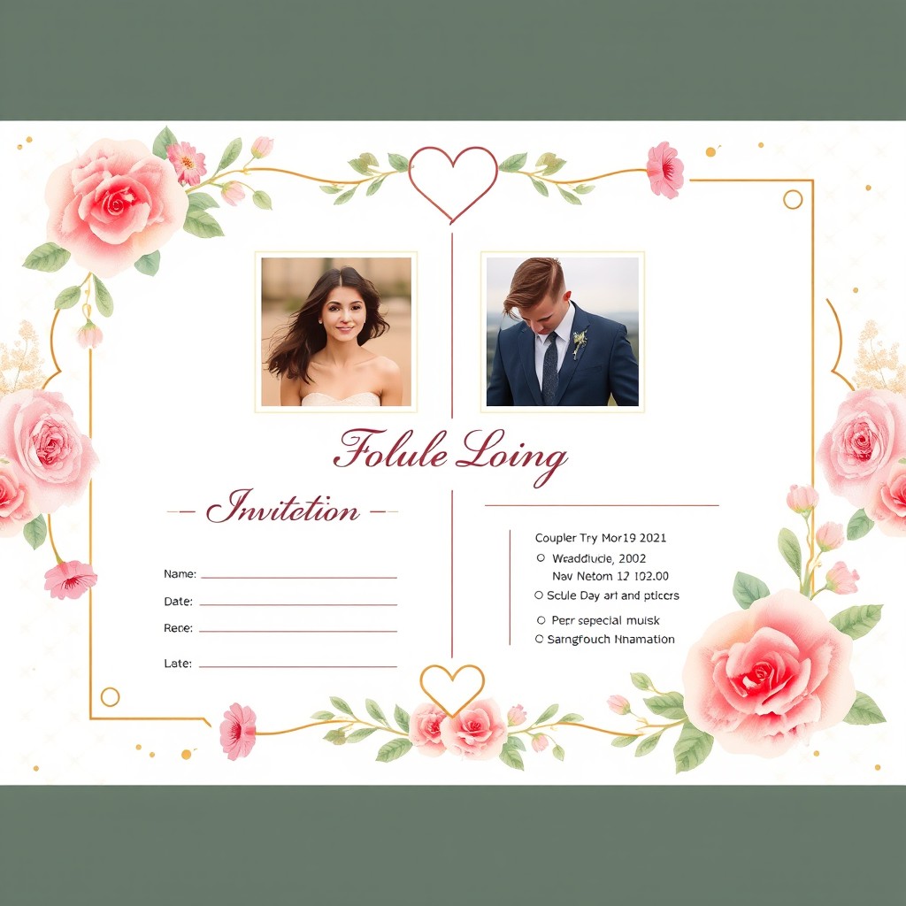 A beautifully designed wedding invitation that features an elegant layout with floral patterns, soft pastel colors, and romantic elements