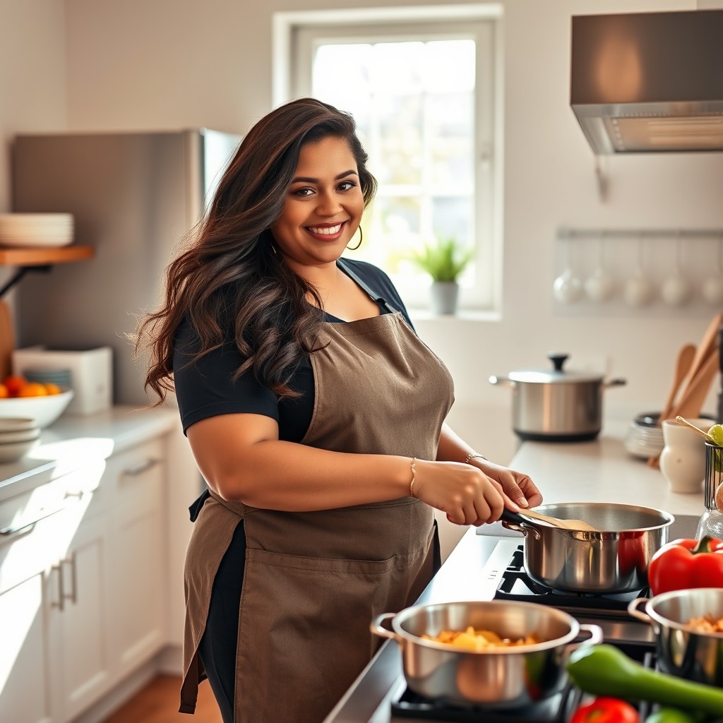 A curvy woman cooking in a bright, modern kitchen