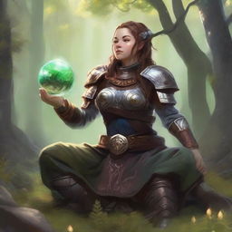 energy floats around a female dwarven kineticist that meditates amid nature while wearing her heavy armor