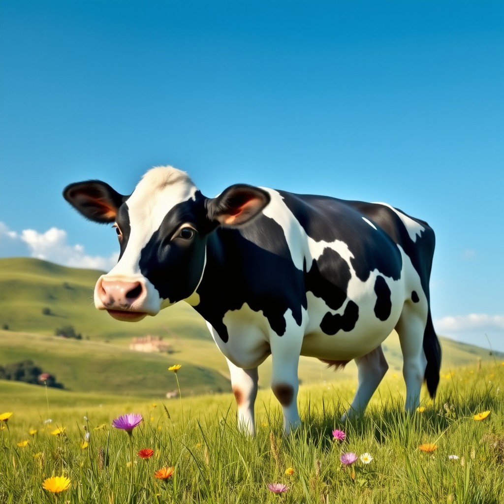A charming cow peacefully grazing in a beautiful pastoral landscape, surrounded by rolling green hills and a clear blue sky