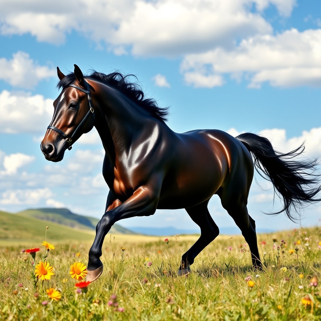 A stunning horse in a dynamic pose, captured mid-gallop across a sunlit meadow
