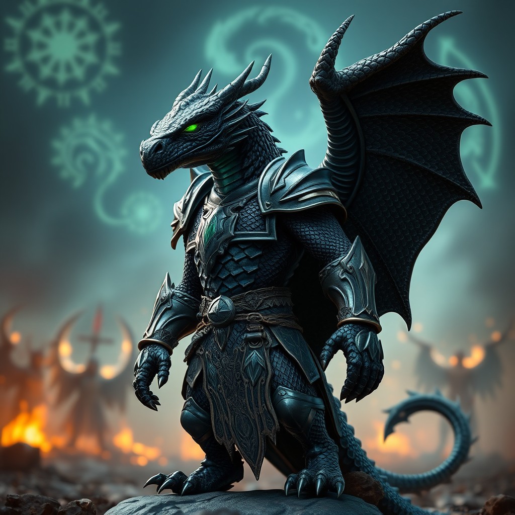 A Dragonborn Paladin with ebony-black scales that resemble tar, characterized by their poisonous green eyes that radiate an otherworldly glow