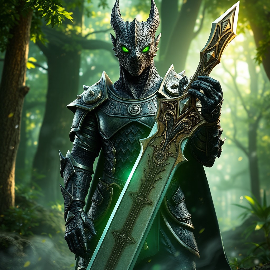 A Dragonborn Paladin with jet-black scales that resemble tar, featuring vivid, toxic green eyes