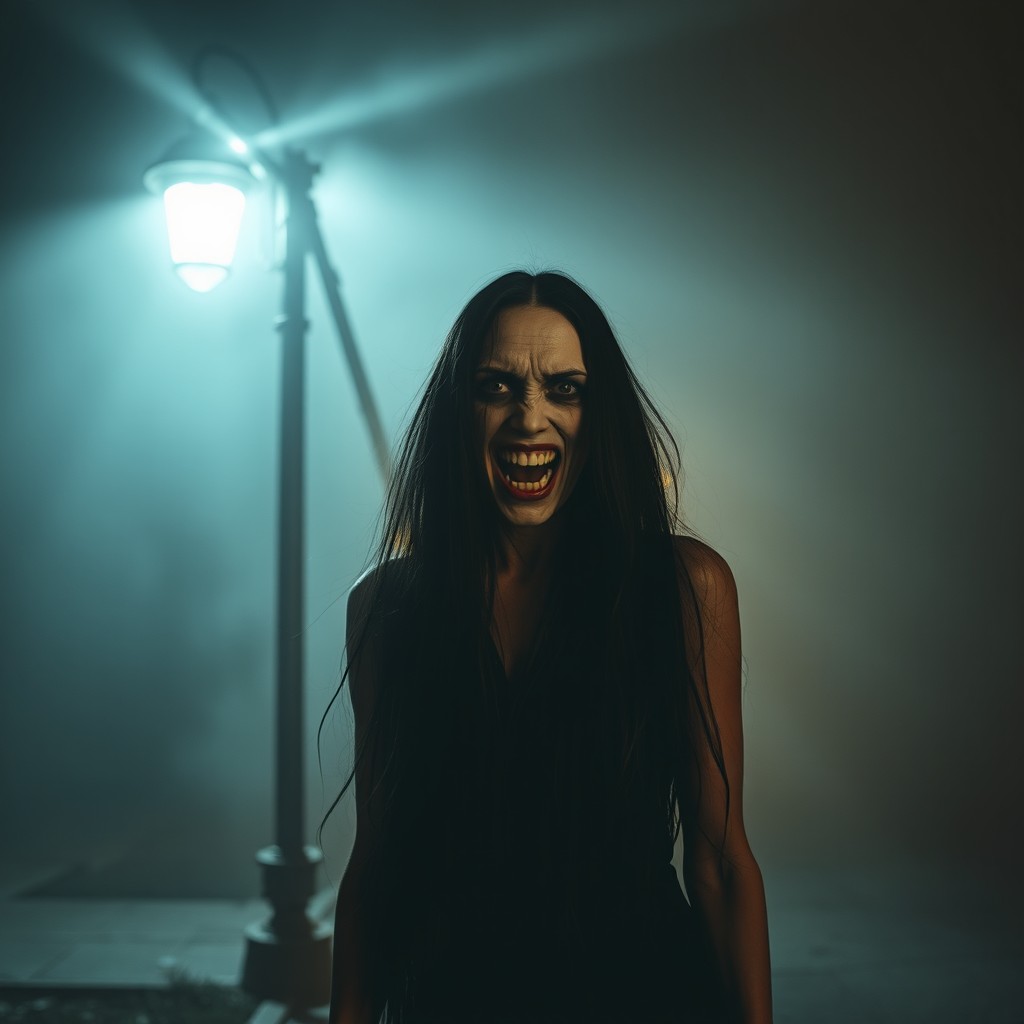 A creepy pale woman with long flowing black hair stands eerily still under a broken streetlamp, casting sinister shadows on the fog-covered street