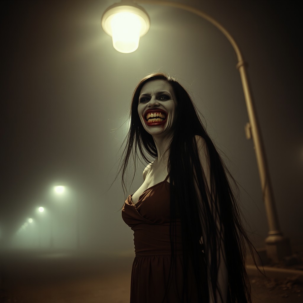A creepy pale woman with long, flowing black hair standing eerily still beneath a broken streetlamp, her face adorned with a wide, twisted grin that sends chills down the spine