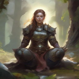 energy floats around a female dwarven kineticist that meditates amid nature while wearing her heavy armor