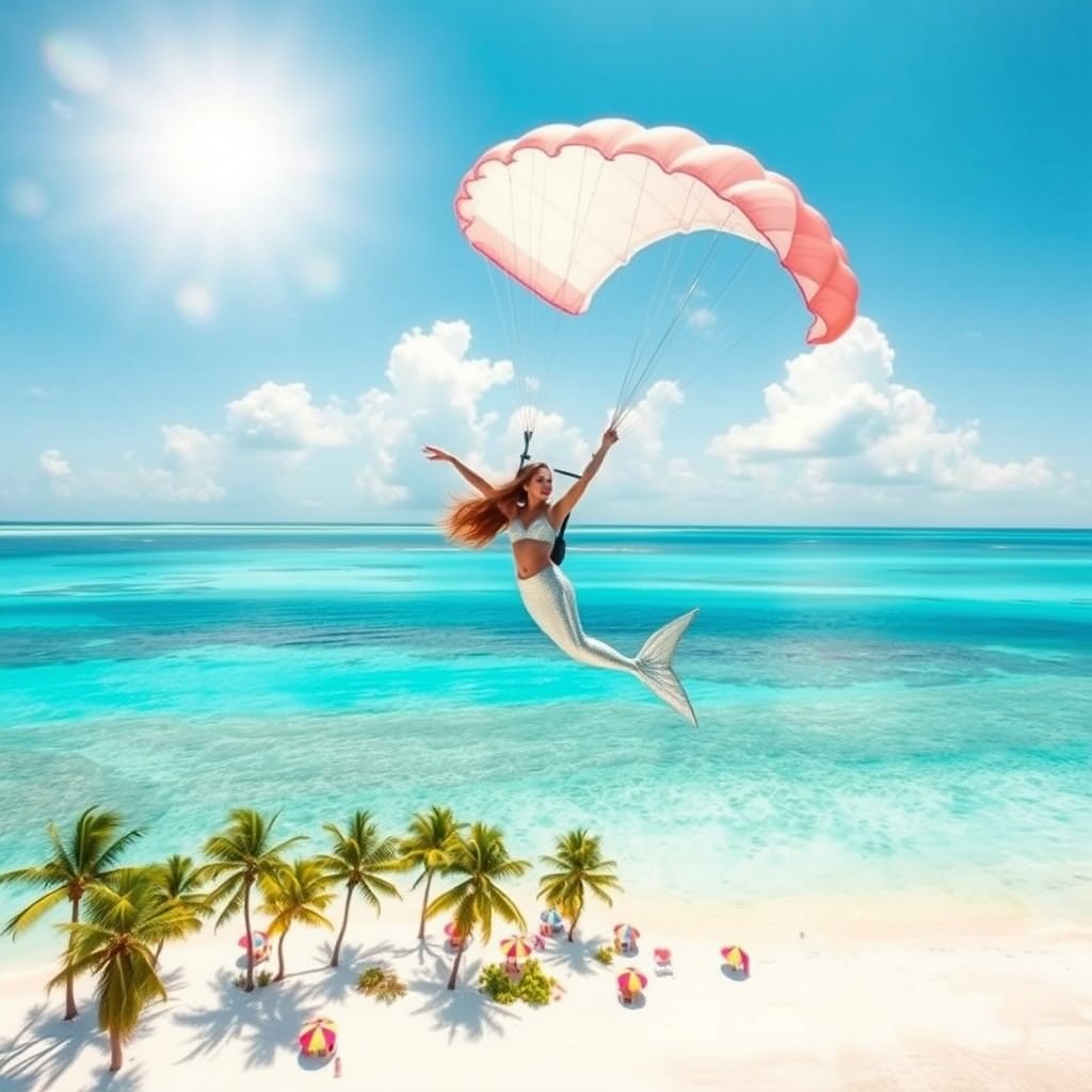 A beautiful mermaid jumping out of a parachute, gracefully gliding over a stunning paradise beach with crystal clear turquoise water and white sandy shores