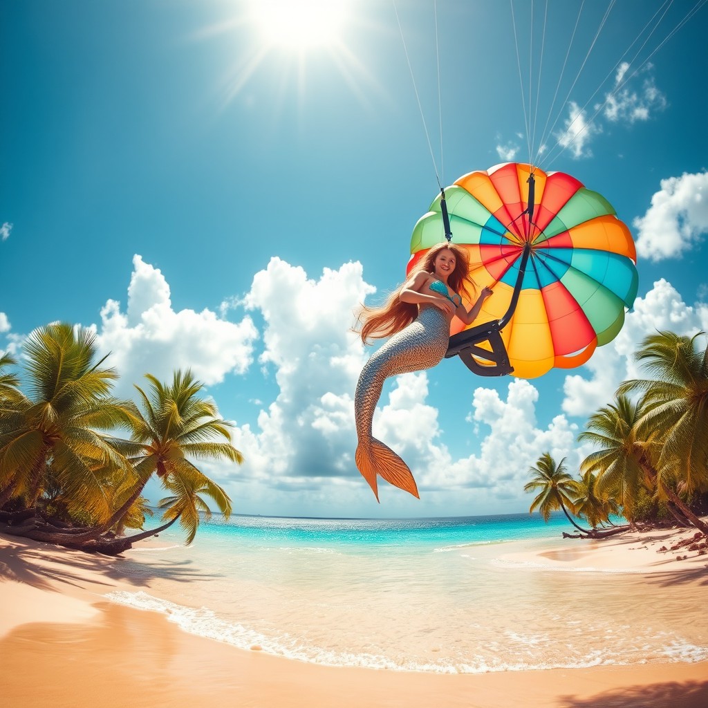 A stunning mermaid jumping out of a colorful parachute over a paradisiacal beach