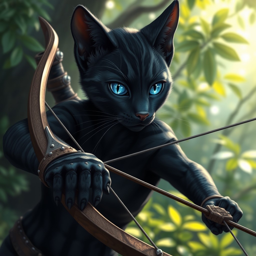 A female tabaxi rogue with sleek black fur and striking sapphire blue eyes