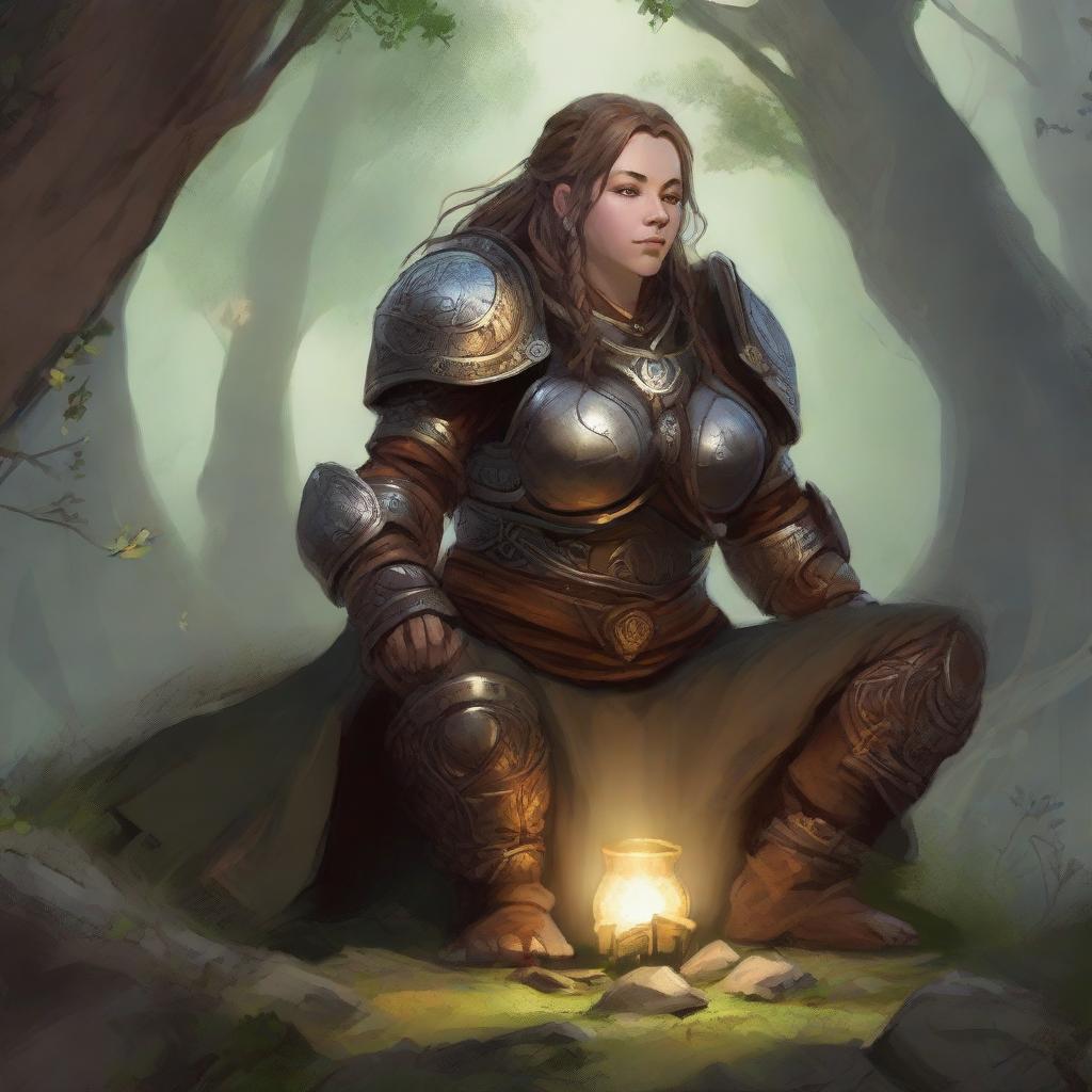 energy floats around a female dwarven kineticist that meditates amid nature while wearing her heavy armor