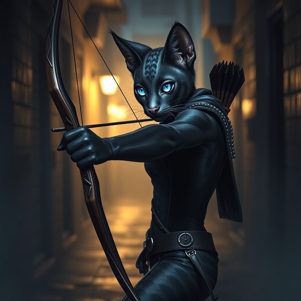 A female tabaxi rogue with sleek black fur and striking sapphire blue eyes, adorned with darker black stripes running along her body