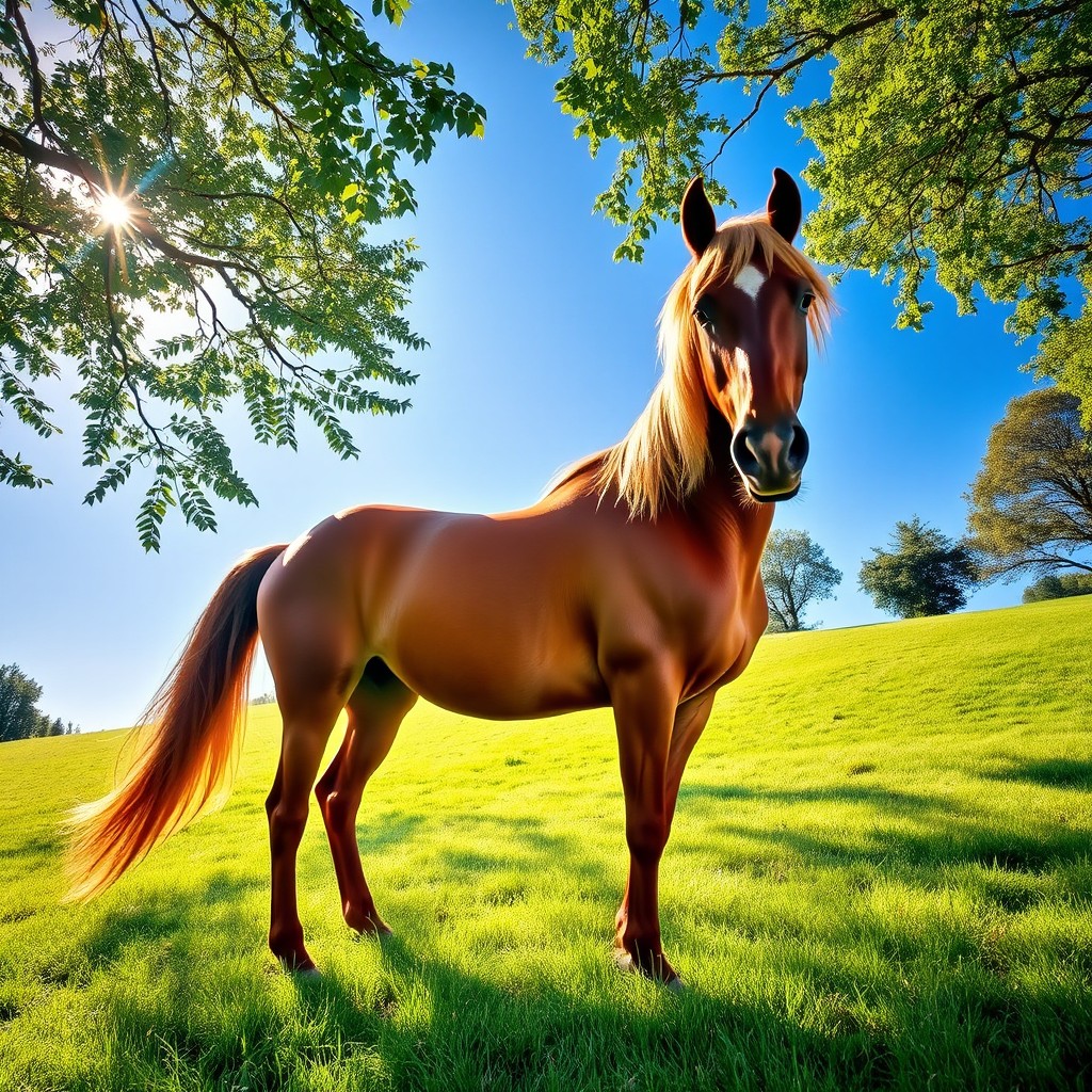a majestic horse standing in a lush green meadow, with a clear blue sky overhead