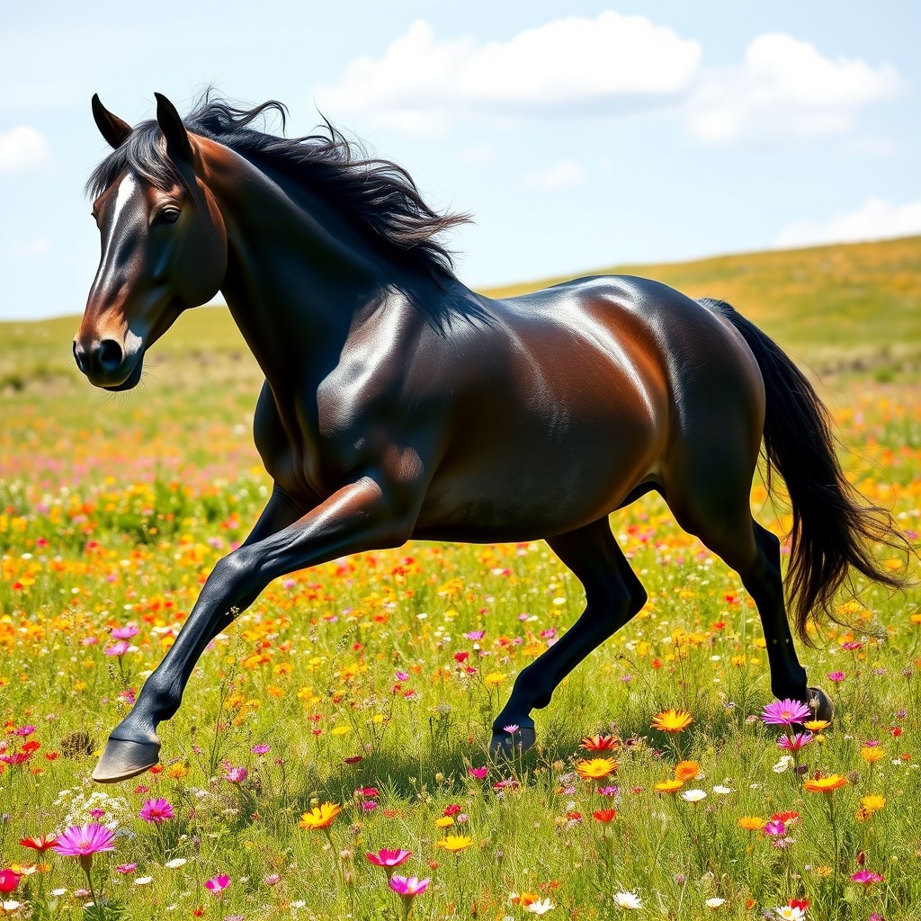 a stunning horse galloping through a vibrant, flower-filled meadow, with colorful wildflowers swaying in the wind