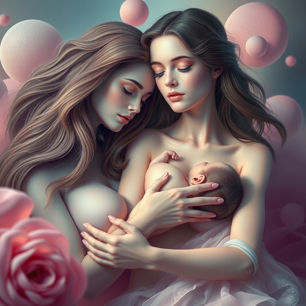 A surreal and artistic representation of a woman breastfeeding an adult woman in a dreamlike setting