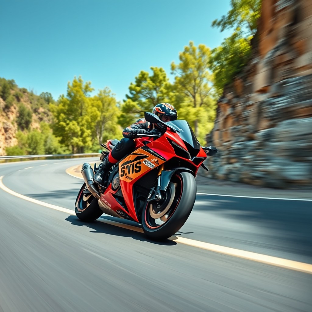 A stunning, high-speed motorcycle super sport bike racing down a winding mountain road