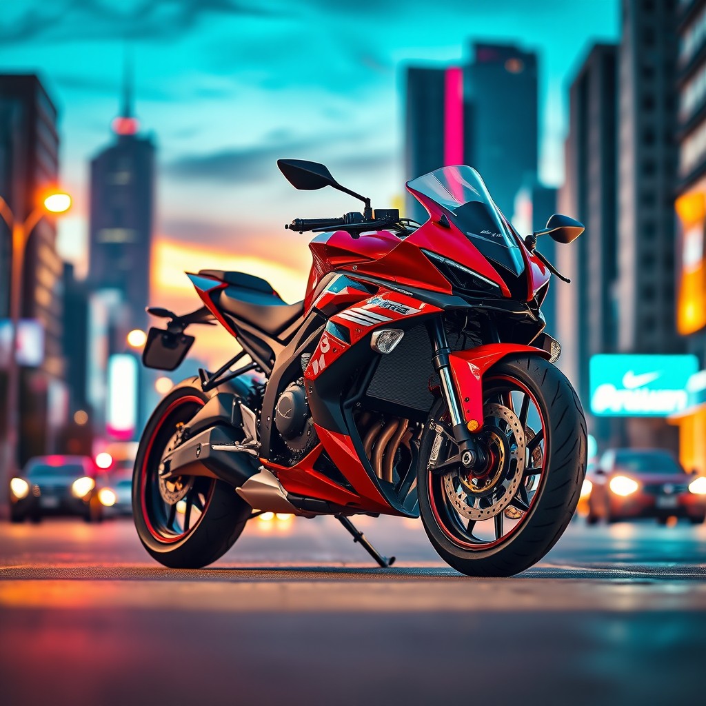 A sleek and powerful motorcycle super sport bike parked on a vibrant city street at sunset