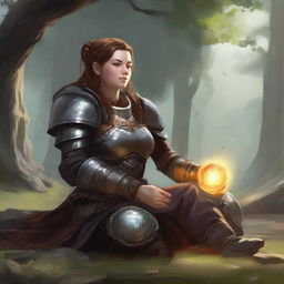 energy floats around a female dwarven kineticist that meditates amid nature while wearing her heavy armor