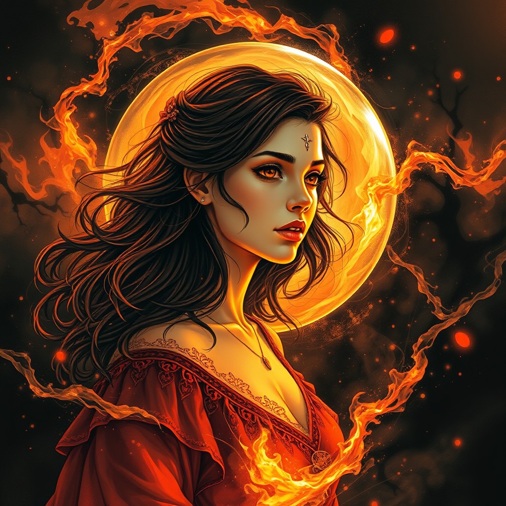 A young French woman of 16 years, encapsulated in a magical sphere, surrounded by swirling magic in vibrant shades of orange, red, and black