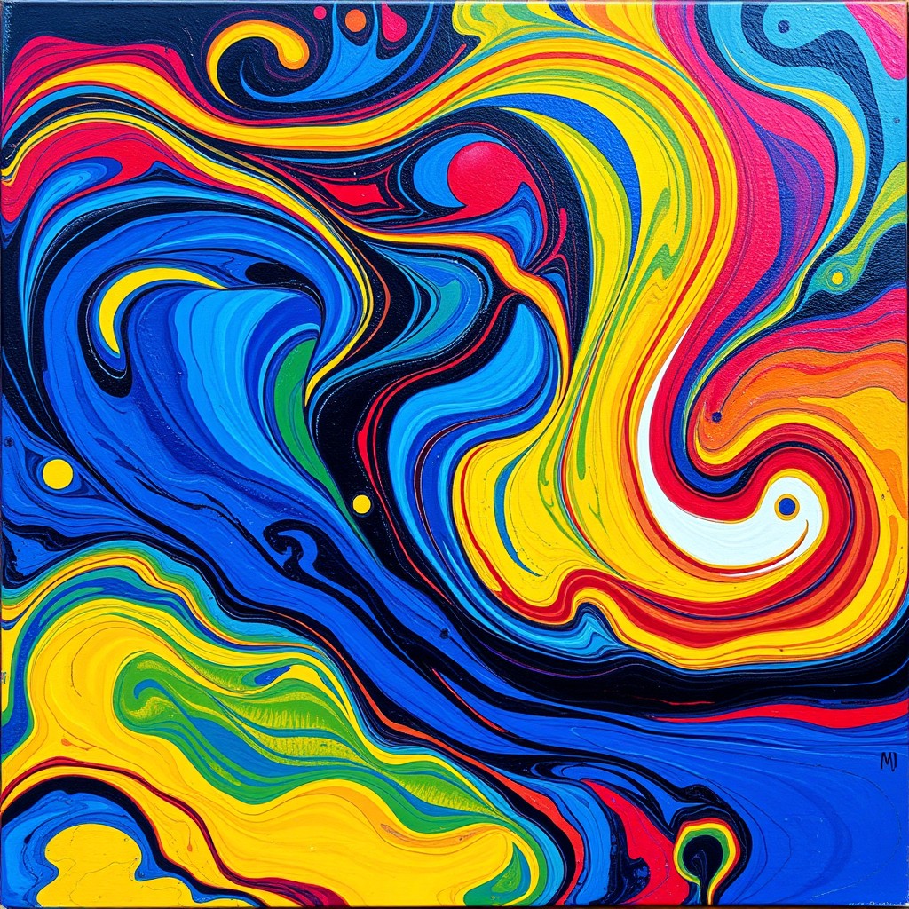 A vibrant and colorful abstract painting featuring swirling patterns and shapes that blend together harmoniously