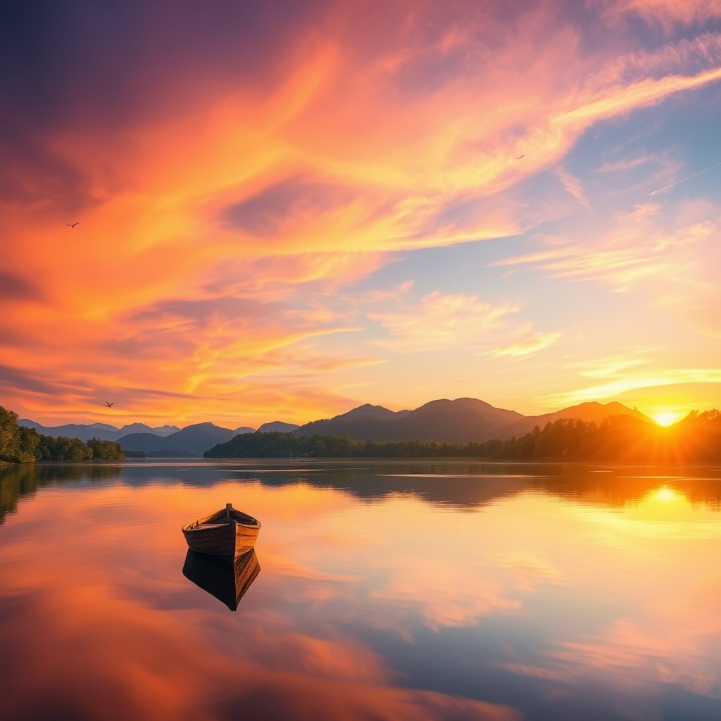 A serene landscape at sunset featuring a tranquil lake surrounded by lush green trees and mountains in the background