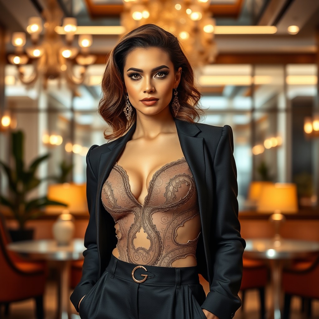 A stylish and elegant woman standing confidently in a chic, modern setting