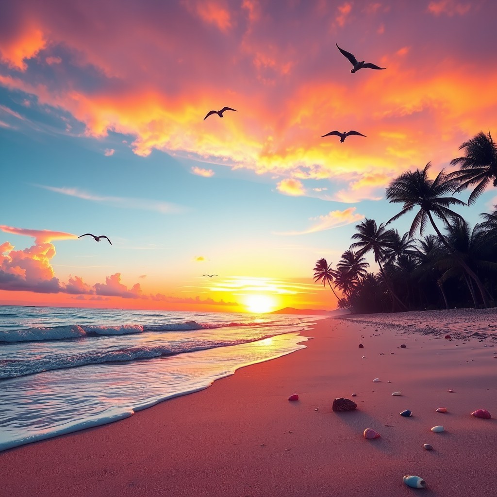 A visually striking digital artwork featuring a serene beach at sunset, with gentle waves lapping at the shore