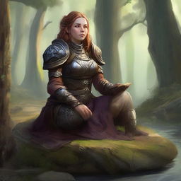 energy floats around a female dwarven kineticist that meditates amid nature while wearing her heavy armor