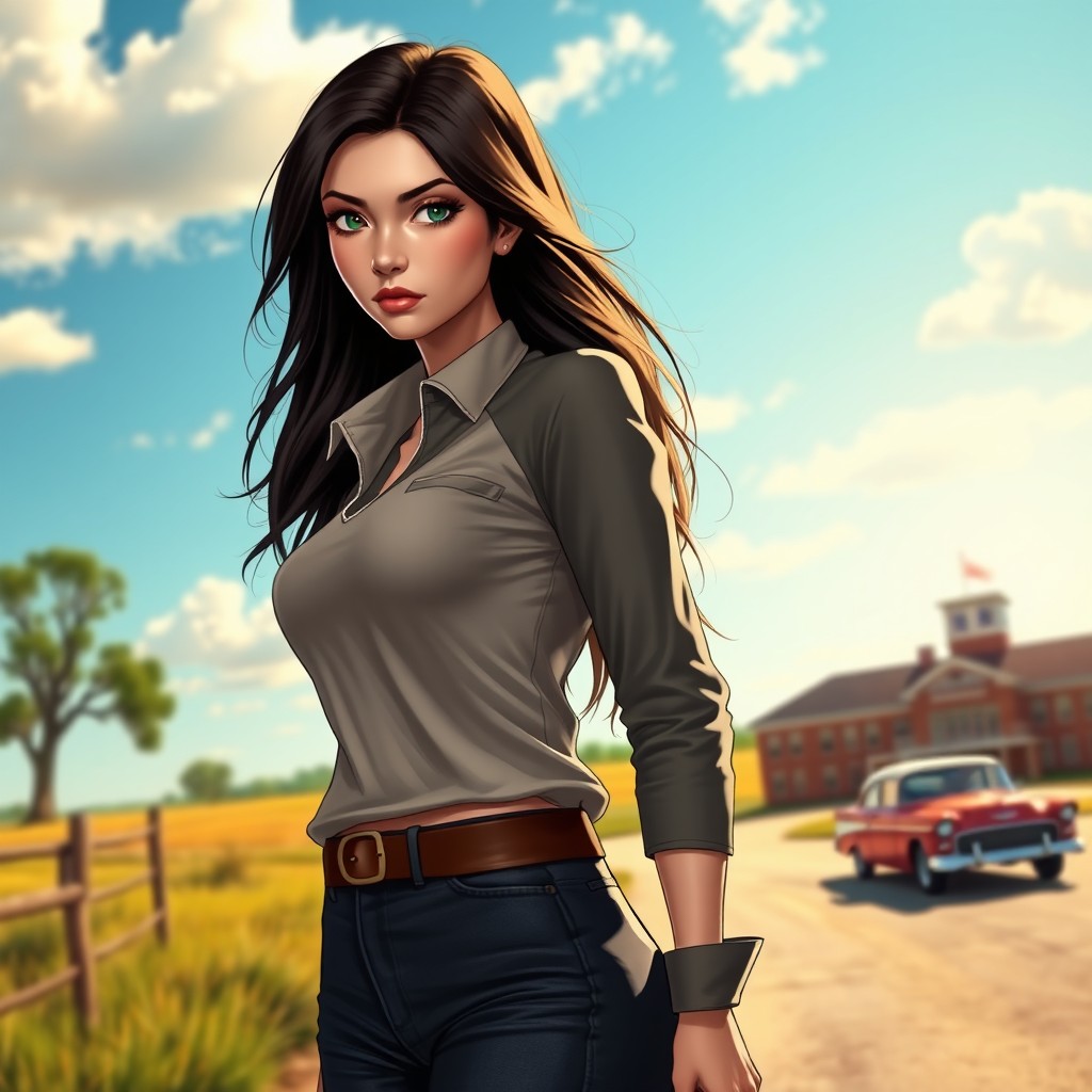 A detailed and stylized portrayal of a character inspired by the iconic looks of Lana Lang from Smallville, featuring her with long, flowing dark hair and striking features