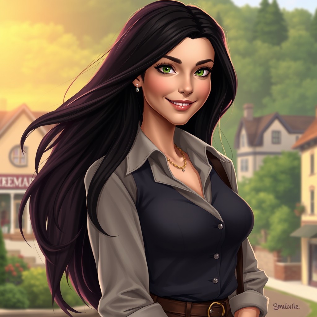 A digital artwork of Lana Lang from Smallville, capturing her as a confident young woman with long, flowing dark hair, vivid green eyes, and a warm smile