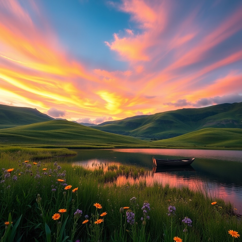 A serene landscape featuring lush rolling hills under a vibrant sunset sky, with streaks of orange, pink, and purple reflecting off soft, fluffy clouds