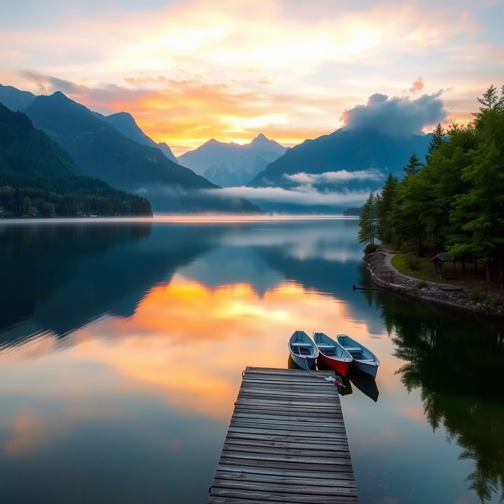 A breathtaking sunrise over a serene lake surrounded by majestic mountains