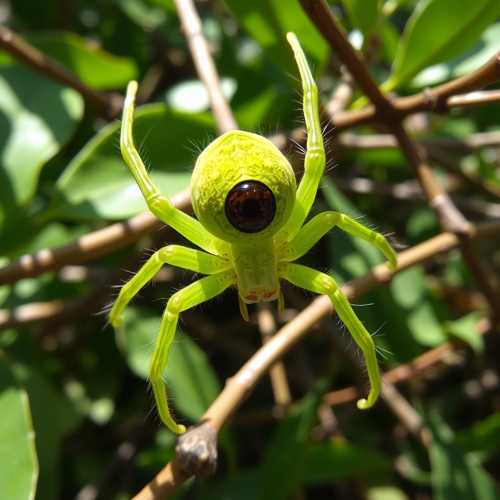 A vibrant green spider with an unusual extra eye on its rear, set against a natural background of leaves and branches