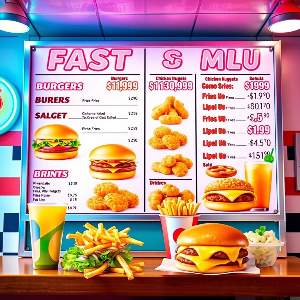 A colorful and visually appealing image of a fast food menu board, featuring various popular items such as burgers, fries, chicken nuggets, salads, and drinks