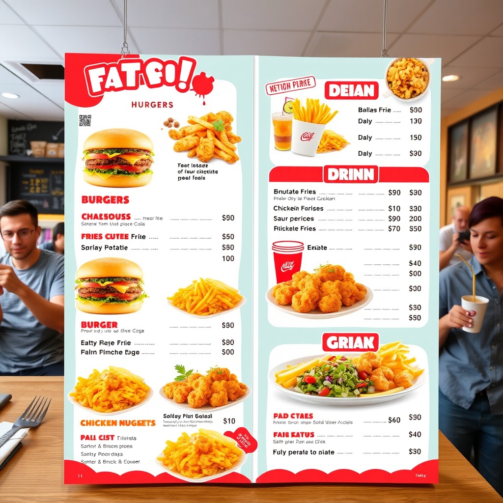A visually appealing and colorful fast food menu featuring items like burgers, fries, chicken nuggets, salads, and drinks