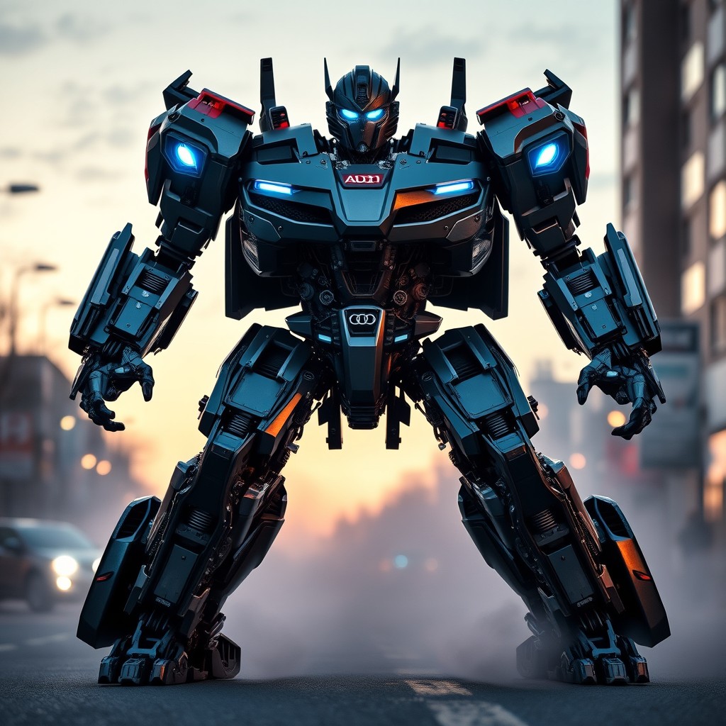 A highly detailed, realistic Audi A4 B6 transformer in its robot form, standing powerfully on an urban street at dusk