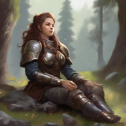 energy floats around a female dwarven kineticist that meditates amid nature while wearing her heavy armor