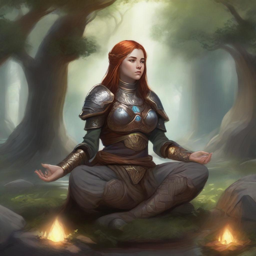 energy floats around a female dwarven kineticist that meditates amid nature while wearing her heavy armor