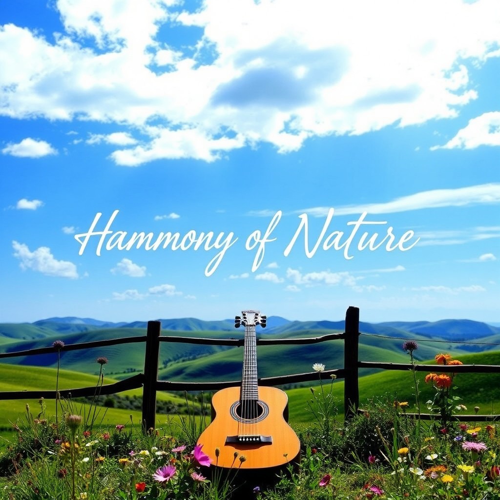 An artistic album cover featuring a vibrant landscape of rolling hills under a bright blue sky