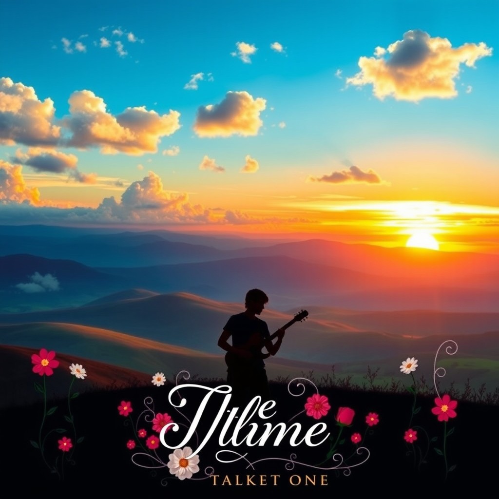 A vibrant and artistic cover for an album, featuring a dreamy landscape with rolling hills under a bright blue sky, fluffy white clouds scattered throughout, and a colorful sunset in the background
