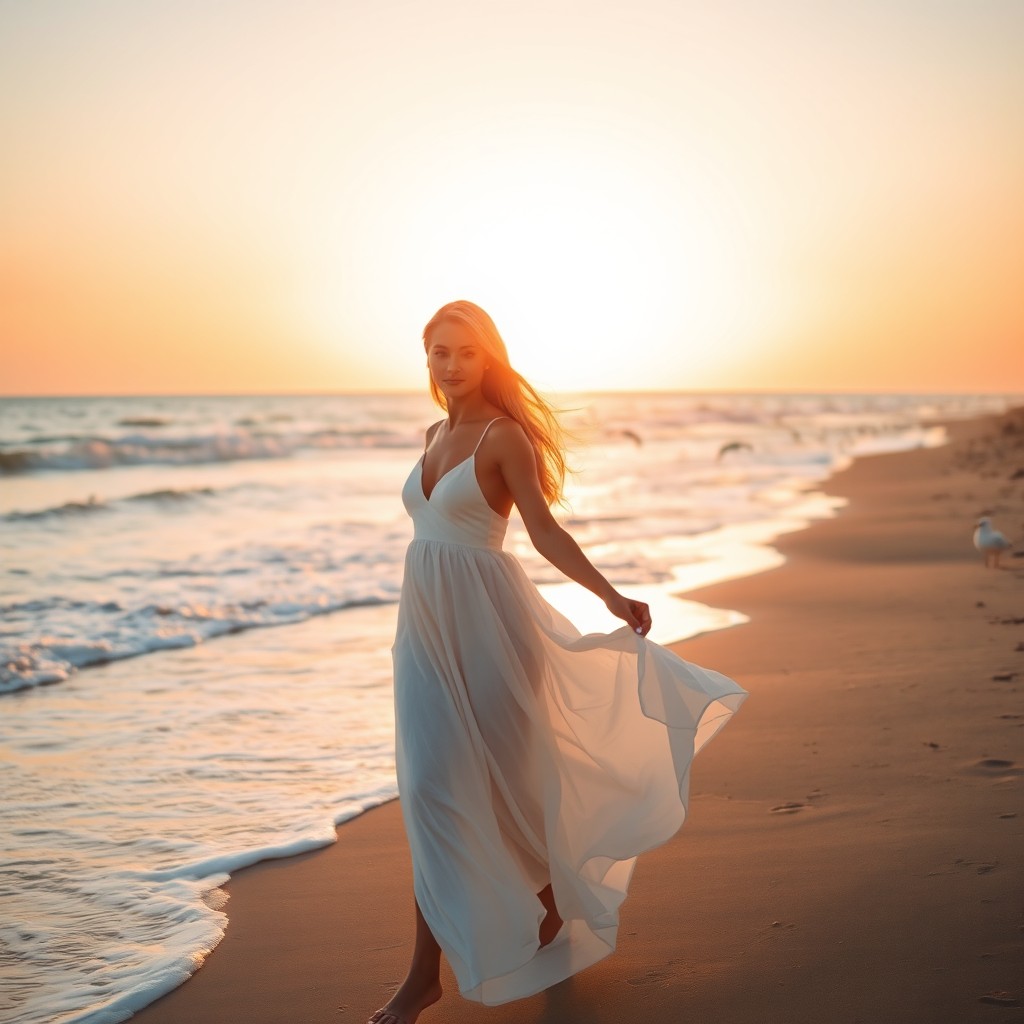 A beautiful blonde woman walking gracefully along a sandy beach, the sun setting in the background casting a golden glow over the scene