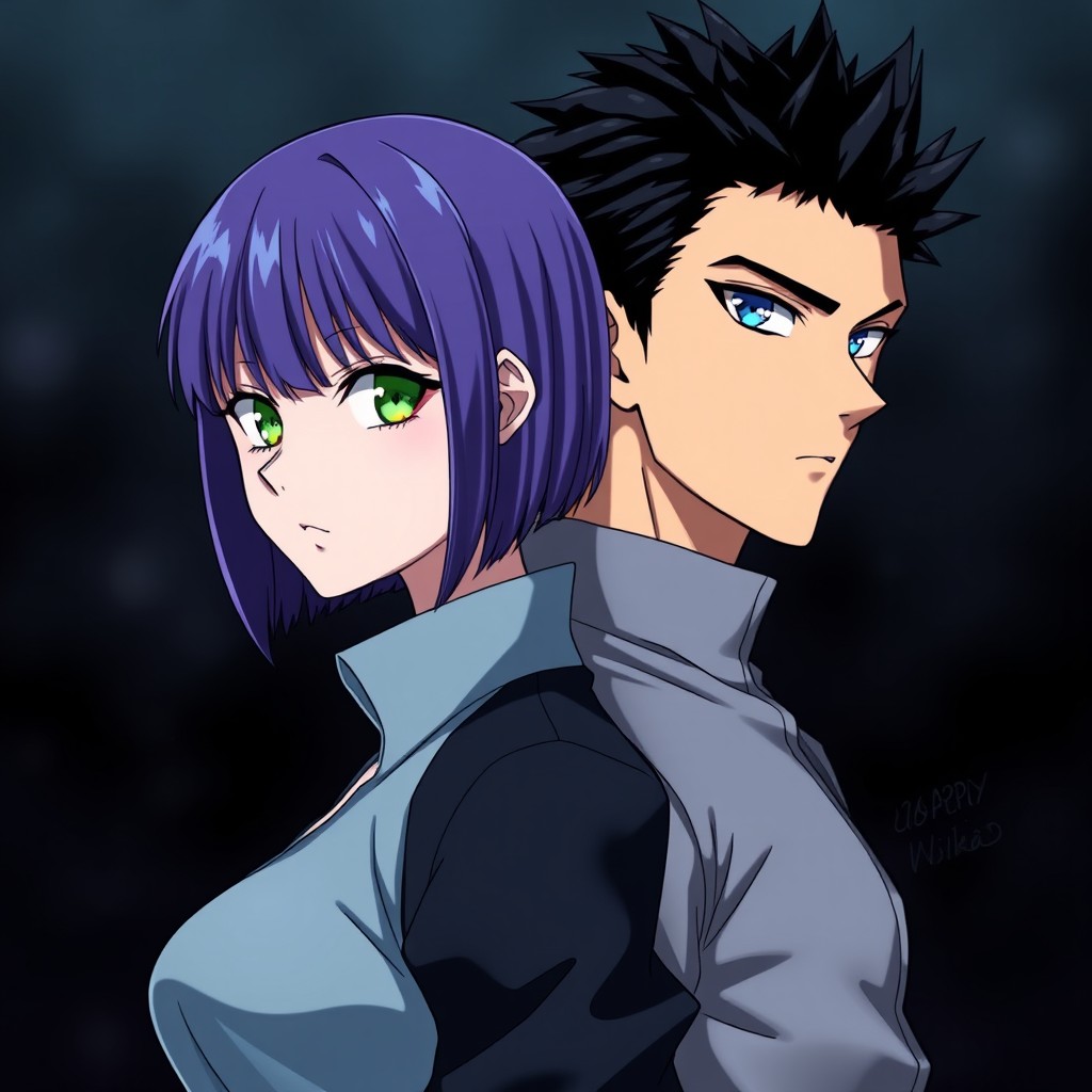 A striking anime-style illustration featuring a man with short black spiky hair and vibrant blue eyes standing back to back with a woman who has short straight purple hair and bright green eyes